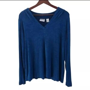 Chicos Travelers Slinky Blue V Neck Long Sleeves Blouse Top Womens Size 3 XL